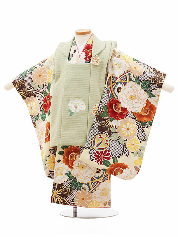 七五三 着物 3歳 レンタル 七五三 3歳 被布 セット 4532 花わらべくすみグリーン刺繍花×クリーム花 女の子 七五三レンタル 3歳 女児 被布 七五三 ...