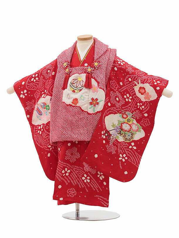 七五三 着物 3歳 レンタル 七五三 3歳 被布 セット 4542【正絹】赤絞り 刺繍鞠桜 女の子 七五三レンタル 3歳 女児 被布 七五三 三歳女児 被布コー...