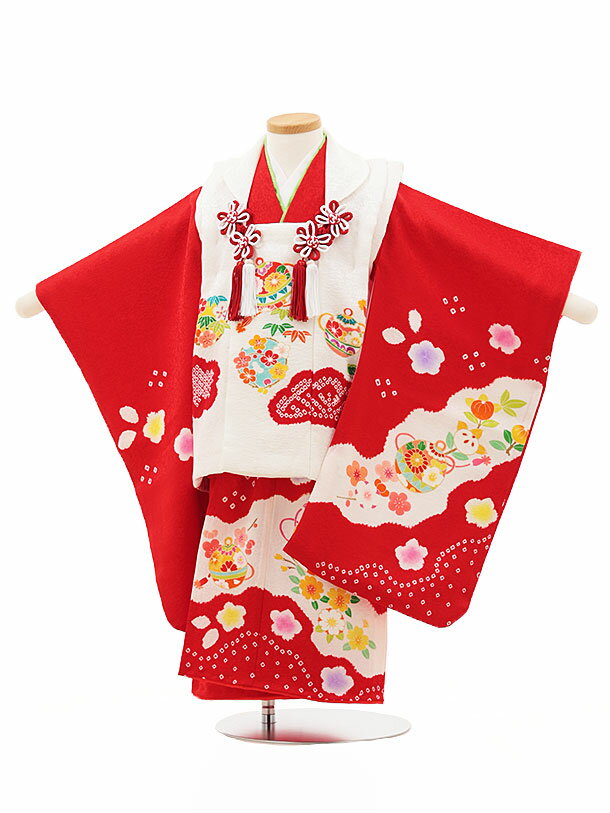 七五三 着物 3歳 レンタル 七五三 3歳 被布 セット 4547【正絹】白×赤 鞠鈴 女の子 七五三レンタル 3歳 女児 被布 七五三 三歳女児 被布コート ...