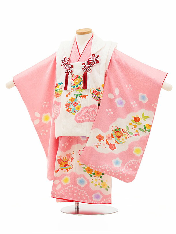 七五三 着物 3歳 レンタル 七五三 3歳 被布 セット 4548【正絹】白×ピンク 鞠鈴 女の子 七五三レンタル 3歳 女児 被布 七五三 三歳女児 被布コート 子供 お祝い着 正月 3歳 3才 きものレンタル 新品足袋プレゼント 往復送料無料【レンタル】のサムネイル