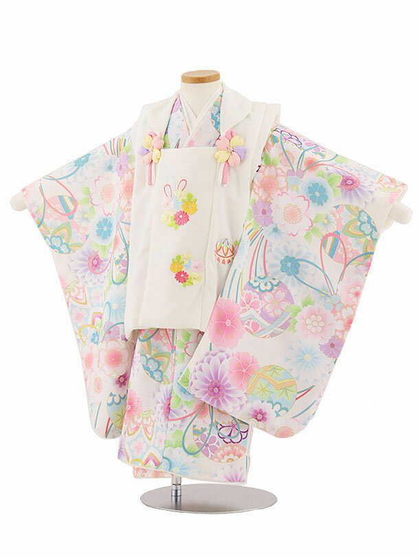 七五三 着物 3歳 レンタル 七五三 3歳 被布 セット 4563 アイボリー花刺繍×白まりと梅菊 女の子 七五三レンタル 3歳 女児 被布 七五三 三歳女児 ...