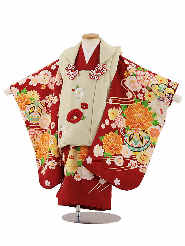 七五三 着物 3歳 レンタル 七五三 3歳 被布 セット 4620 クリーム刺繍椿×赤牡丹に鞠 女の子 七五三レンタル 3歳 女児 被布 七五三 三歳女児 被布...