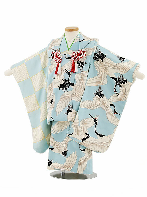 七五三 着物 3歳 レンタル 七五三 3歳 被布 セット 4654【正絹】片身替り水色に鶴 女の子 七五三レンタル 3歳 女児 被布 七五三 三歳女児 被布コー...