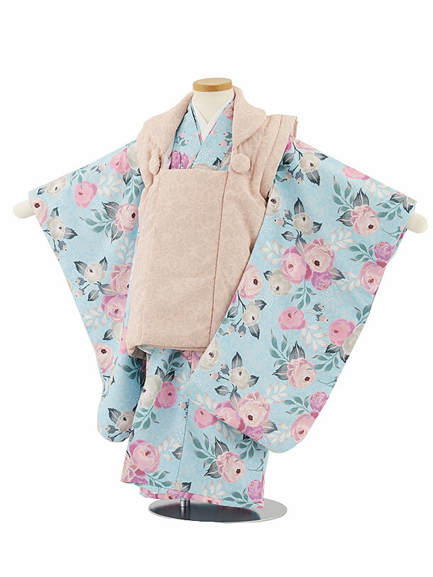 七五三 着物 3歳 レンタル 七五三 3歳 被布 セット 4663 ピンク変わり柄×水色花 女の子 七五三レンタル 3歳 女児 被布 七五三 三歳女児 被布コー...