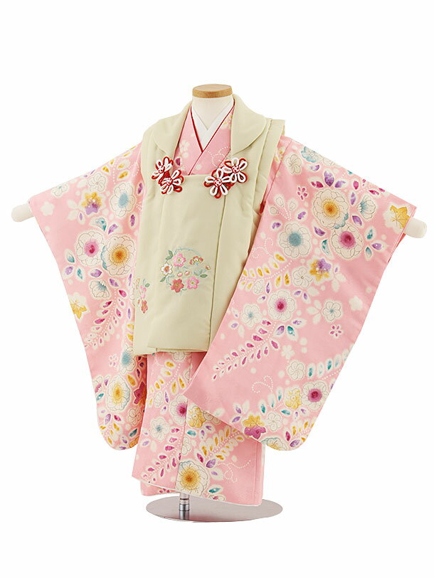七五三 着物 3歳 レンタル 七五三 3歳 被布 セット 4667 ベージュ刺繍桜×ピンク辻が花調 女の子 七五三レンタル 3歳 女児 被布 七五三 三歳女児 ...