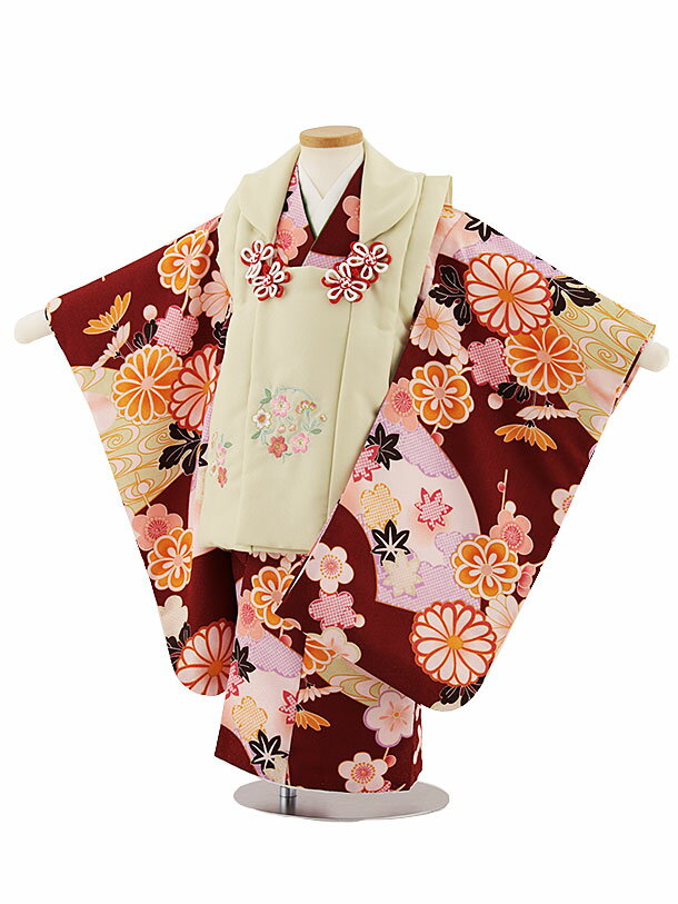 七五三 着物 3歳 レンタル 七五三 3歳 被布 セット 4678 ベージュ刺繍桜×ボルドー扇面花柄 女の子 七五三レンタル 3歳 女児 被布 七五三 三歳女児...