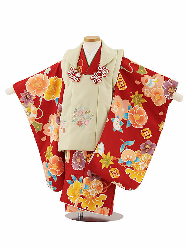 七五三 着物 3歳 レンタル 七五三 3歳 被布 セット 4681 ベージュ刺繍桜×赤地桜宝尽くし 女の子 七五三レンタル 3歳 女児 被布 七五三 三歳女児 ...