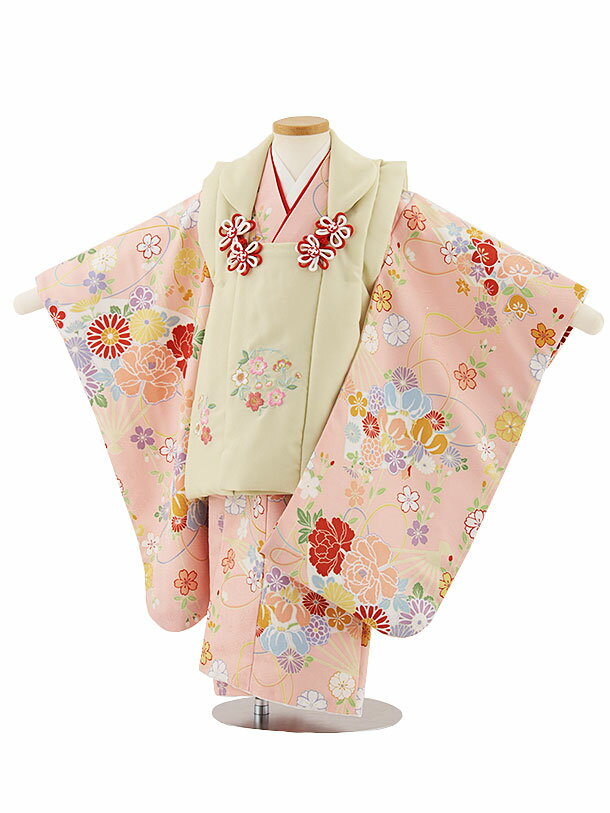 七五三 着物 3歳 レンタル 七五三 3歳 被布 セット 4684 ベージュ刺繍桜×ピンク扇と古典華 女の子 七五三レンタル 3歳 女児 被布 七五三 三歳女児...