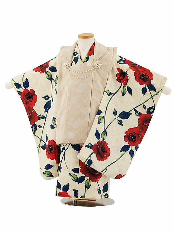 七五三 着物 3歳 レンタル 七五三 3歳 被布 セット 4686 ラフィネココ ベージュパール付×クリーム地バラ 女の子 七五三レンタル 3歳 女児 被布 七...