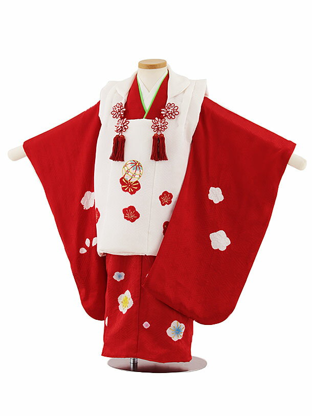 七五三 着物 3歳 レンタル 七五三 3歳 被布 セット 4695【正絹】白×赤 鞠と梅 女の子 七五三レンタル 3歳 女児 被布 七五三 三歳女児 被布コート...