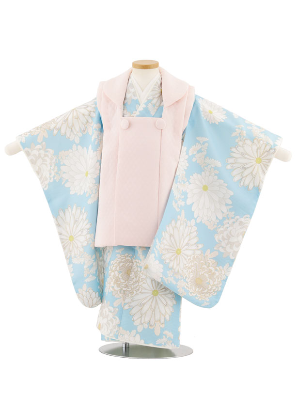 【レンタル】着物 七五三レンタル(3歳女児被布)4928 ピンク×水色菊 3歳 被布 フルセット 女の子 お祝い着 正月 3才 女児 きものレンタル〔往復送料無料〕