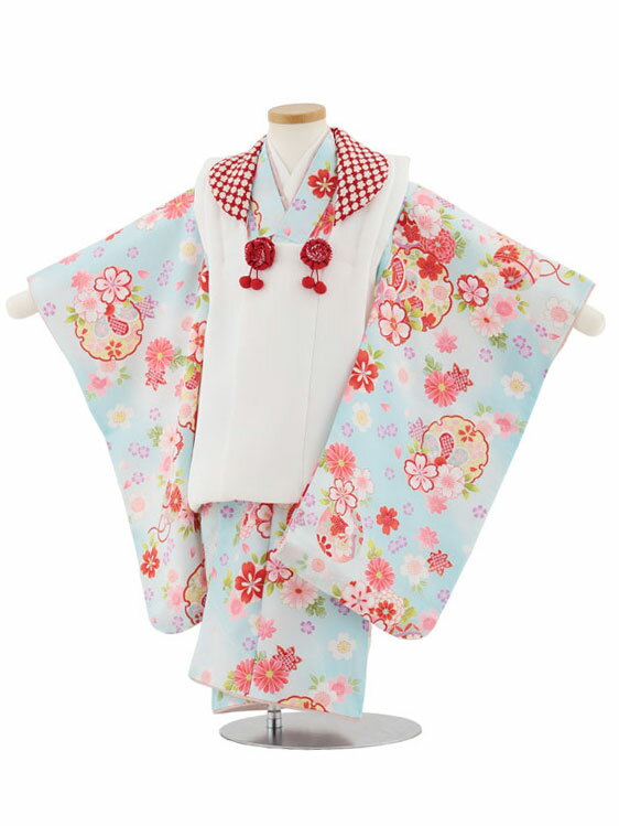 【レンタル】着物 七五三レンタル(3歳女児被布)4963 ホワイト×水色雪輪に桜 3歳 被布 フルセット 女の子 お祝い着 正月 3才 女児 きものレンタル〔往...