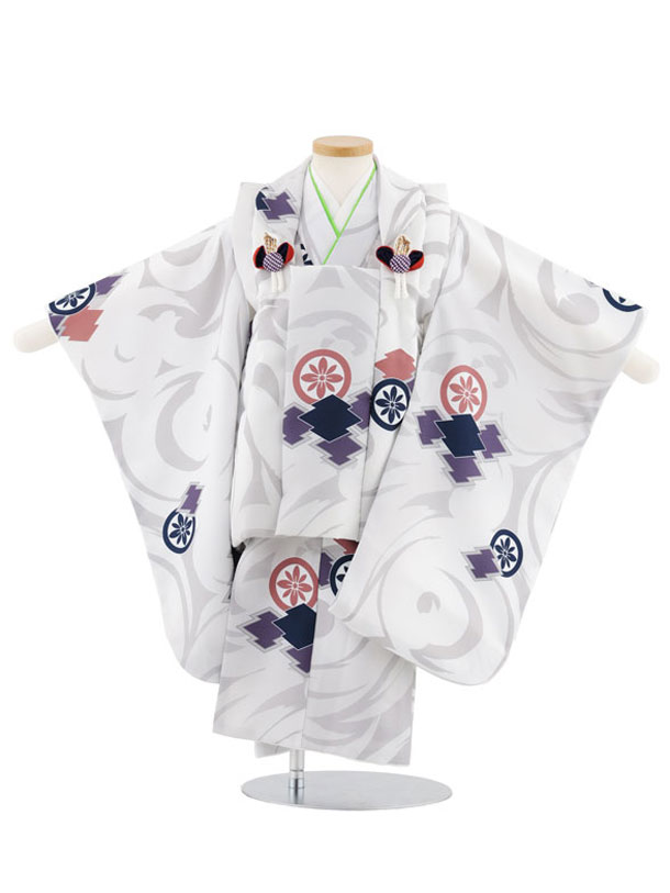 【レンタル】着物 七五三レンタル(3歳男児被布)W531 白×グレー 松皮菱に丸紋 3歳 被布 フルセット 男の子 お祝い着 正月 3才 男児 きものレンタル〔...