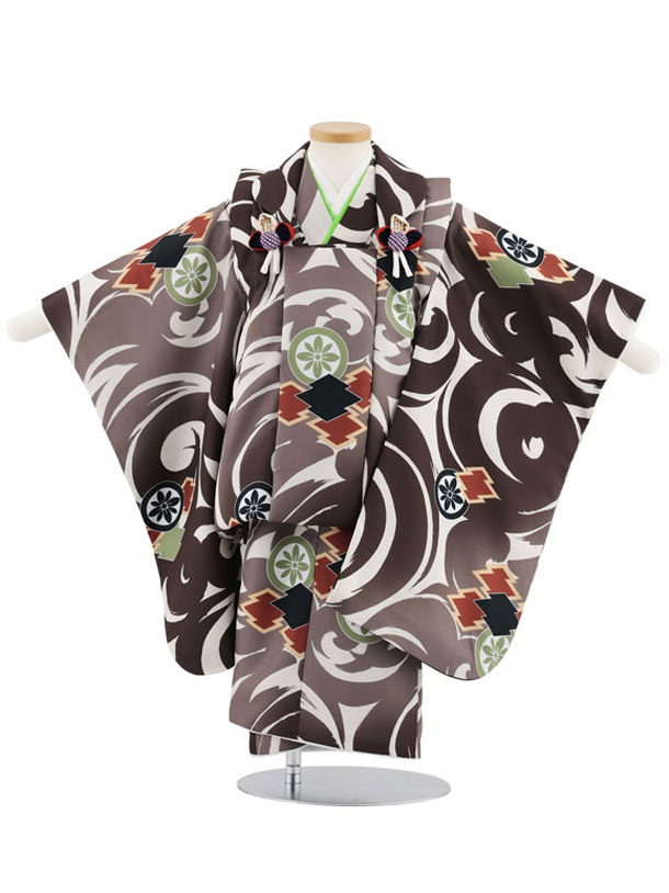 【レンタル】着物 七五三レンタル(3歳男児被布)W533 ベージュ×ブラウン 松皮菱に丸紋 3歳 被布 フルセット 男の子 お祝い着 正月 3才 男児 きものレ...