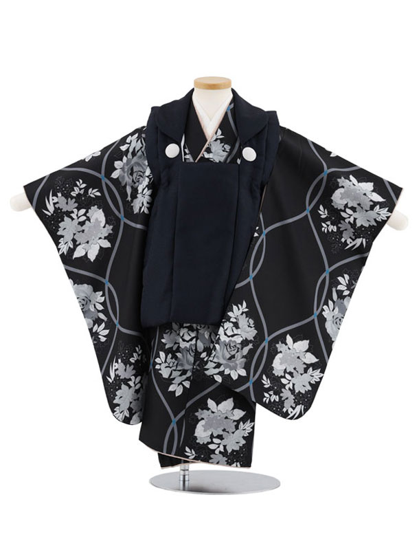 【レンタル】着物 七五三レンタル(3歳男児被布)W540 紺地×黒地 バラ花々 3歳 被布 フルセット 男の子 お祝い着 正月 3才 男児 きものレンタル〔往復...
