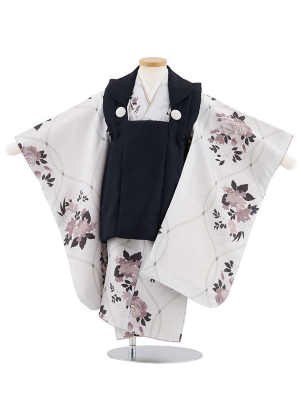 【レンタル】着物 七五三レンタル(3歳男児被布)W541 紺地×グレー バラ花々 3歳 被布 フルセット 男の子 お祝い着 正月 3才 男児 きものレンタル〔往...