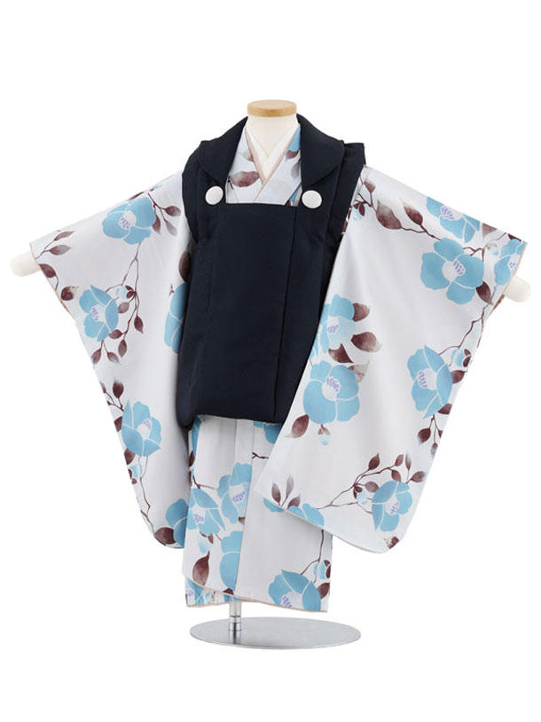 【レンタル】着物 七五三レンタル(3歳男児被布)W543 紺地×グレー水色椿 3歳 被布 フルセット 男の子 お祝い着 正月 3才 男児 きものレンタル〔往復送...