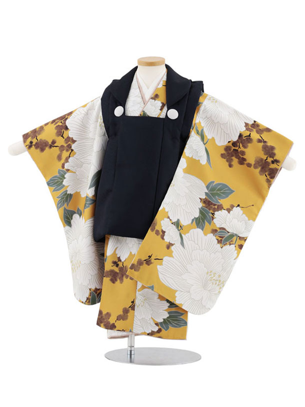 【レンタル】着物 七五三レンタル(3歳男児被布)W547 紺地×金茶色 牡丹 3歳 被布 フルセット 男の子 お祝い着 正月 3才 男児 きものレンタル〔往復送...