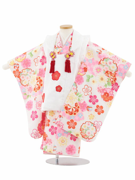 【レンタル】着物 七五三レンタル(3歳女児被布)4974 白地梅×雪輪にねじり梅 3歳 被布 フルセット 女の子 お祝い着 正月 3才 女児 きものレンタル〔往...