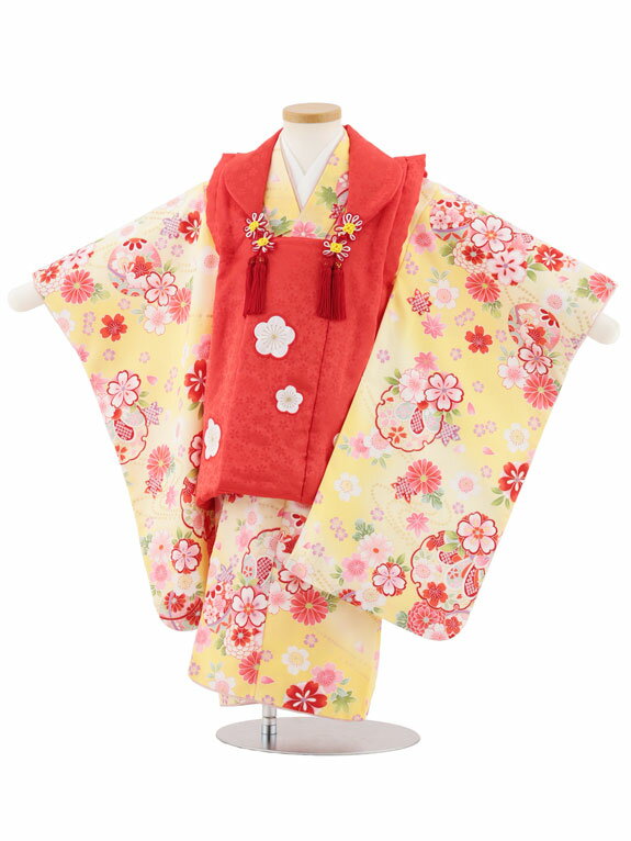【レンタル】着物 七五三レンタル(3歳女児被布)4985 赤地梅×薄黄ぼかし 雪輪鞠 3歳 被布 フルセット 女の子 お祝い着 正月 3才 女児 きものレンタル...