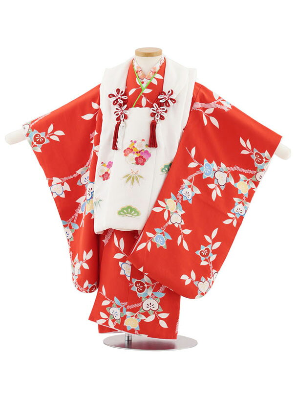 Rakuten - 【レンタル】着物 七五三レンタル(3歳女児被布)S003【正絹】白地松竹梅×紅色橘 3歳 被布 フルセット 女の子 お祝い着 正月 3才 女児 きものレンタル〔往復送料無料〕