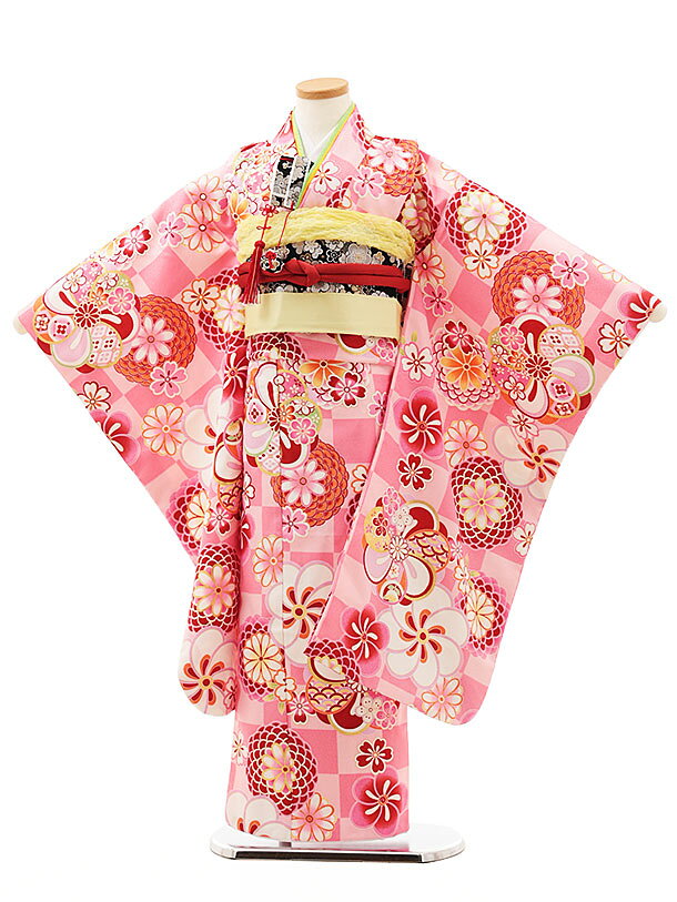 Rakuten - 七五三 着物 7歳 フルセット レンタル 女の子Y220　ピンク市松菊 753 子ども お祝い着 正月 ブランド 7才 七才 七歳 女児 フルセットレンタル 7歳着物フルセット きものレンタル 新品足袋プレゼント 往復送料無料【レンタル】