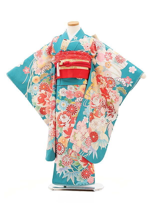 Kimono Set （Girls） - 七五三 着物 7歳 フルセット レンタル 女の子Y267　ブルー地 鞠 牡丹 753 子ども お祝い着 正月 ブランド 7才 七才 七歳 女児 フルセットレンタル 7歳着物フルセット きものレンタル 新品足袋プレゼント 往復送料無料【レンタル】
