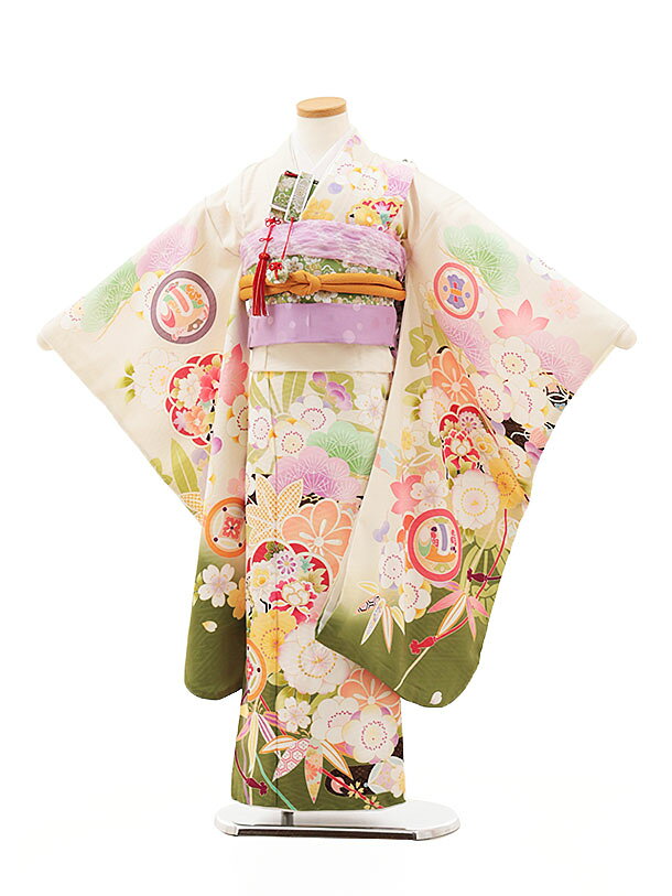 Rakuten - 七五三 着物 7歳 フルセット レンタル 女の子 Y290　クリーム 裾緑 四季花 753 子ども お祝い着 正月 ブランド 7才 七才 七歳 女児 フルセットレンタル 7歳着物フルセット きものレンタル 新品足袋プレゼント 往復送料無料【レンタル】