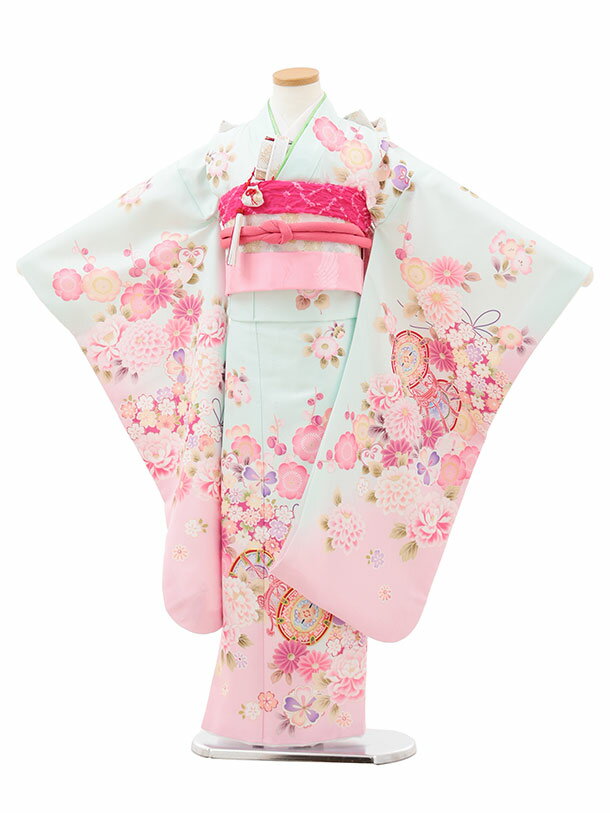 Other - 【レンタル】着物 七五三(7歳結び帯)Y514 薄ミント 裾ピンク 鼓に花 7歳 結び帯 フルセット 女の子 お祝い着 正月 7才 女児 きものレンタル〔往復送料無料〕