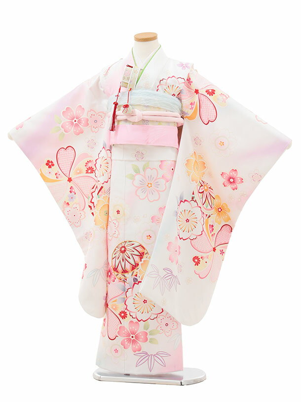 【レンタル】着物 七五三(7歳結び帯)Y520 白地 鞠花 7歳 結び帯 フルセット 女の子 お祝い着 正月 7才 女児 きものレンタル〔往復送料無料〕のサムネイル