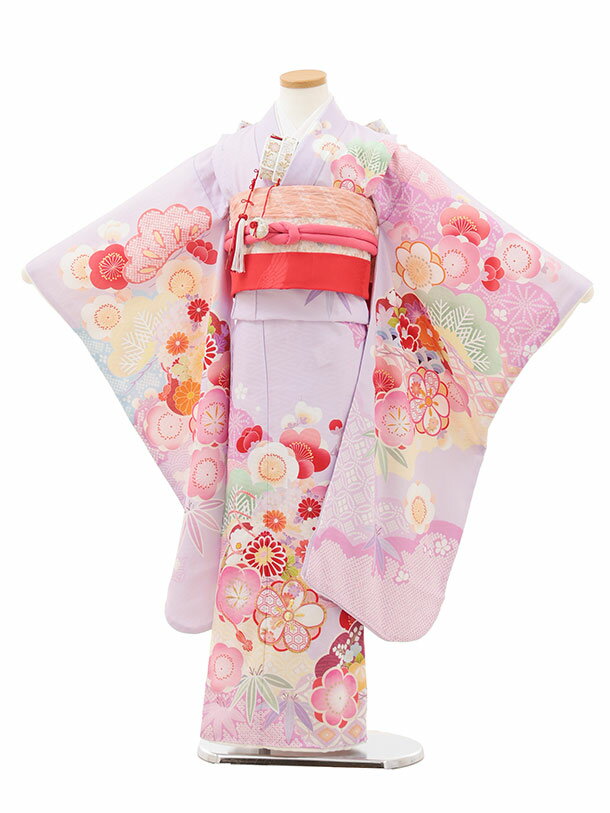 Rakuten - 【レンタル】着物 七五三(7歳結び帯)Y522 ラベンダー 松竹梅 7歳 結び帯 フルセット 女の子 お祝い着 正月 7才 女児 きものレンタル〔往復送料無料〕