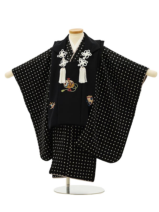 被布 レンタル 男児 七五三 被布 着物 レンタル 七五三 2899【正絹】黒刺繍小槌x黒 正絹 3歳男の子 七五三 男児 着物 3歳 子供 きもの 被布 セッ...