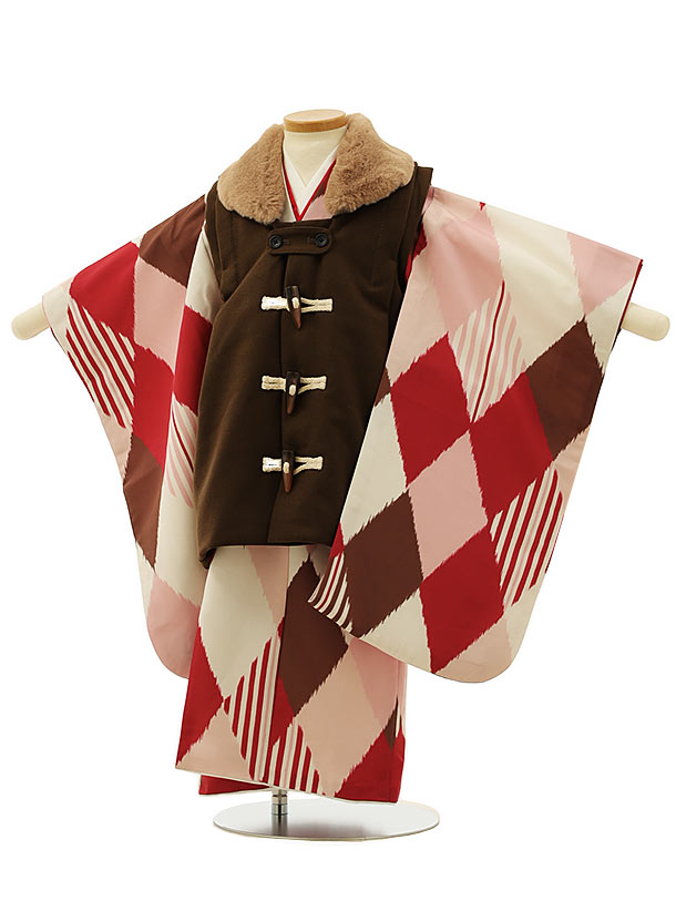 被布 レンタル 男児 七五三 被布 着物 レンタル 七五三 2911 ブラウンダッフル風xひし形赤 3歳男の子 七五三 男児 着物 3歳 子供 きもの 被布 セ...