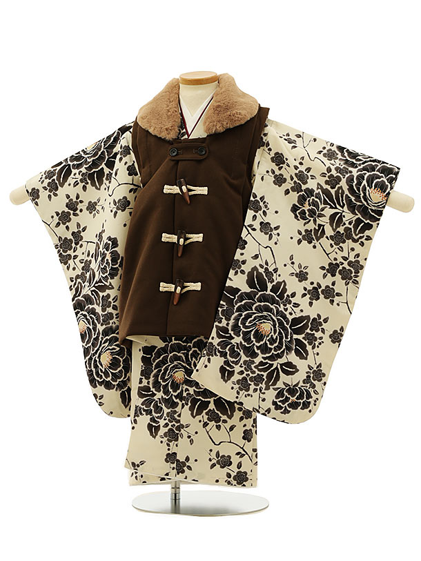 被布 レンタル 男児 七五三 被布 着物 レンタル 七五三 2912 ブラウンダッフル風xクリーム地ぼたん 3歳男の子 七五三 男児 着物 3歳 子供 きもの ...