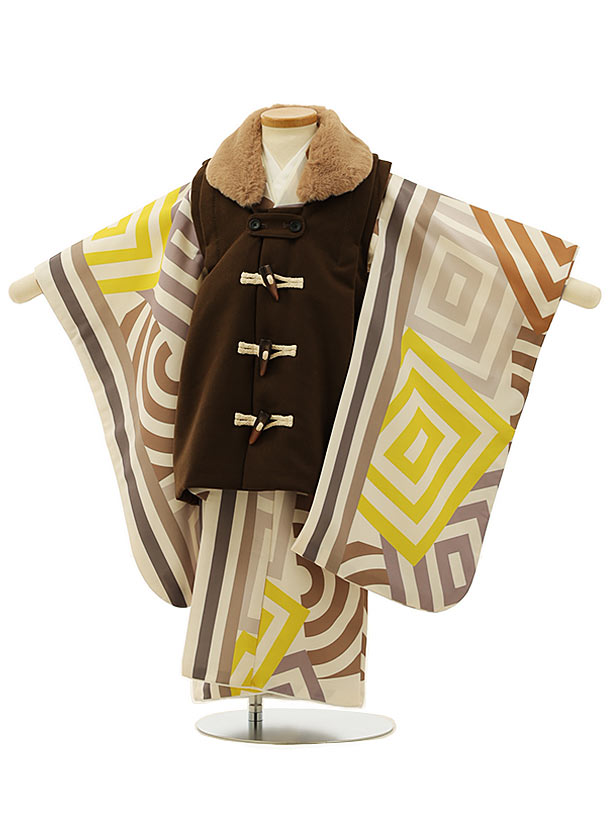 被布 レンタル 男児 七五三 被布 着物 レンタル 七五三2914 ブラウンダッフル風x幾何学 3歳男の子 七五三 男児 着物 3歳 子供 きもの 被布 セット...