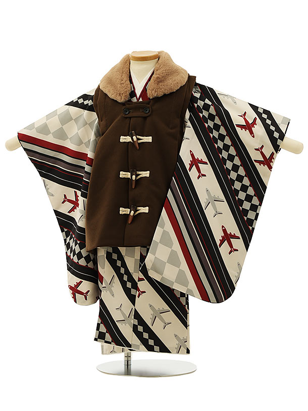 被布 レンタル 男児 七五三 被布 着物 レンタル 七五三 2915 ブラウンダッフル風x飛行機 3歳男の子 七五三 男児 着物 3歳 子供 きもの 被布 セッ...