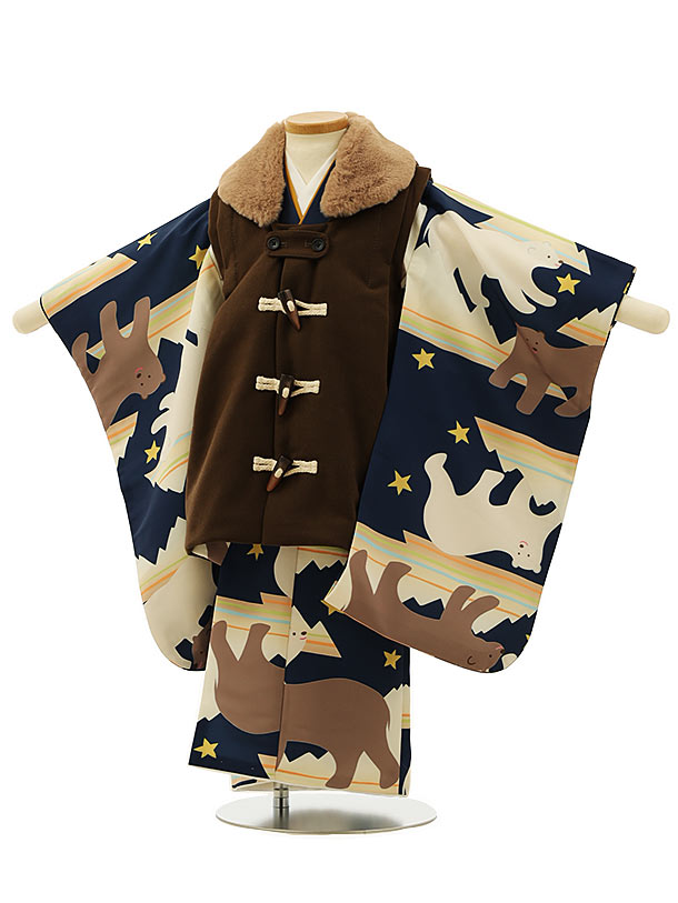 被布 レンタル 男児 七五三 被布 着物 レンタル 七五三 2916 ブラウンダッフル風xくま 3歳男の子 七五三 男児 着物 3歳 子供 きもの 被布 セット...