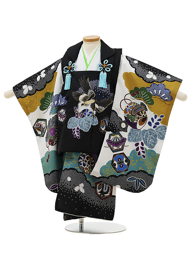 被布 レンタル 男児 七五三 被布 着物 レンタル 七五三 2922 黒桐に鷹x白地雲取り吉祥文様 3歳男の子 七五三 男児 着物 3歳 子供 きもの 被布 セ...