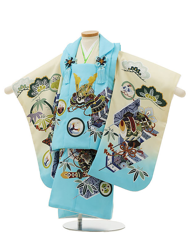 被布 レンタル 男児 七五三 被布 着物 レンタル 七五三 2927 水色丸紋兜xぼかし矢羽根吉祥文様 3歳男の子 七五三 男児 着物 3歳 子供 きもの 被布...