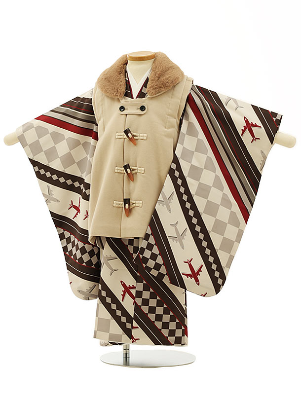 被布 レンタル 男児 七五三 被布 着物 レンタル 七五三 2936 ベージュダッフル風x茶飛行機 3歳男の子 七五三 男児 着物 3歳 子供 きもの 被布 セ...