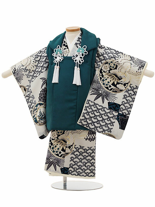 被布 レンタル 男児 七五三 被布 着物 レンタル 七五三 2938 JAPANSTYLEグリーンxグレー青海波丸紋鷹 3歳男の子 七五三 男児 着物 3歳 子...