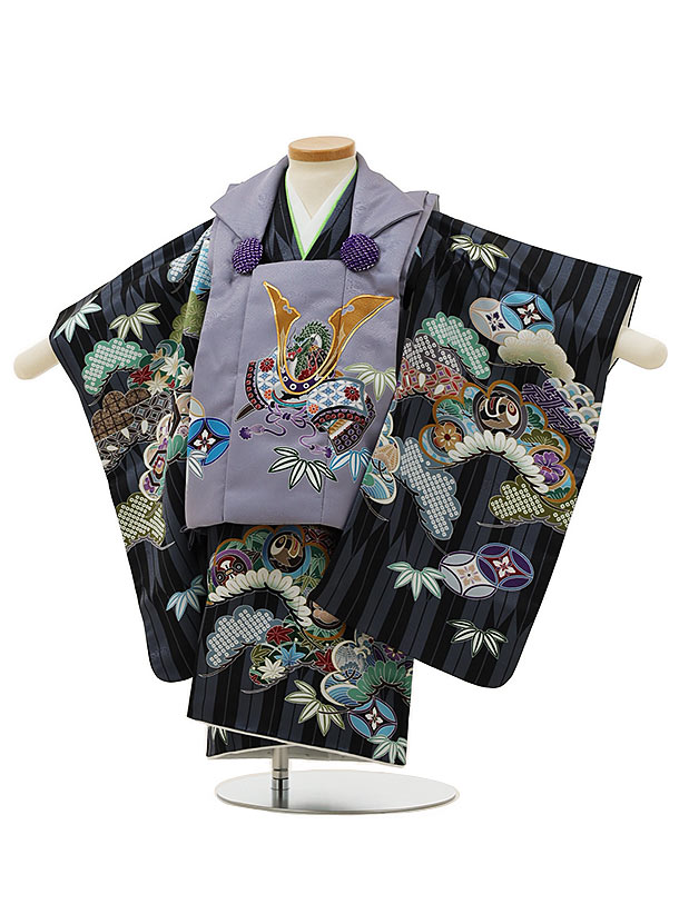 被布 レンタル 男児 七五三 被布 着物 レンタル 七五三 2974パープルグレー兜×黒矢柄吉祥文様 2歳男の子 七五三 男児 着物 2歳 子供 きもの 被布 ...