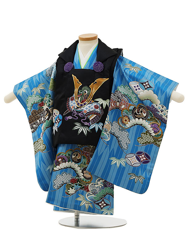 被布 レンタル 男児 七五三 被布 着物 レンタル 七五三 2980黒兜×水色矢柄吉祥文様 2歳男の子 七五三 男児 着物 2歳 子供 きもの 被布 セット お...