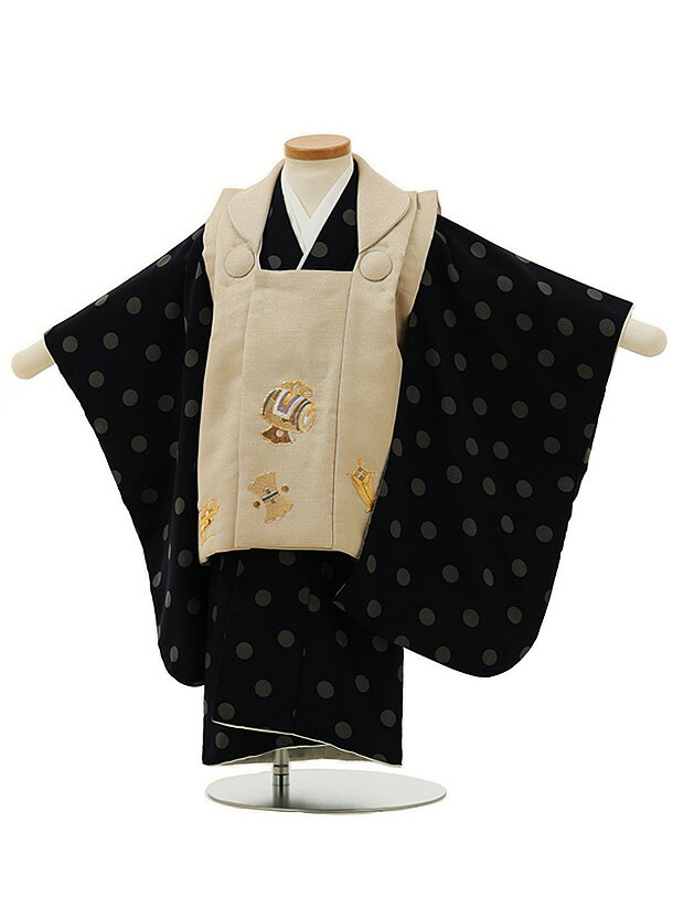 被布 レンタル 男児 七五三 被布 着物 レンタル 七五三 2989ベージュ小槌刺繍×ネイビードット 2歳男の子 七五三 男児 着物 2歳 子供 きもの 被布 ...