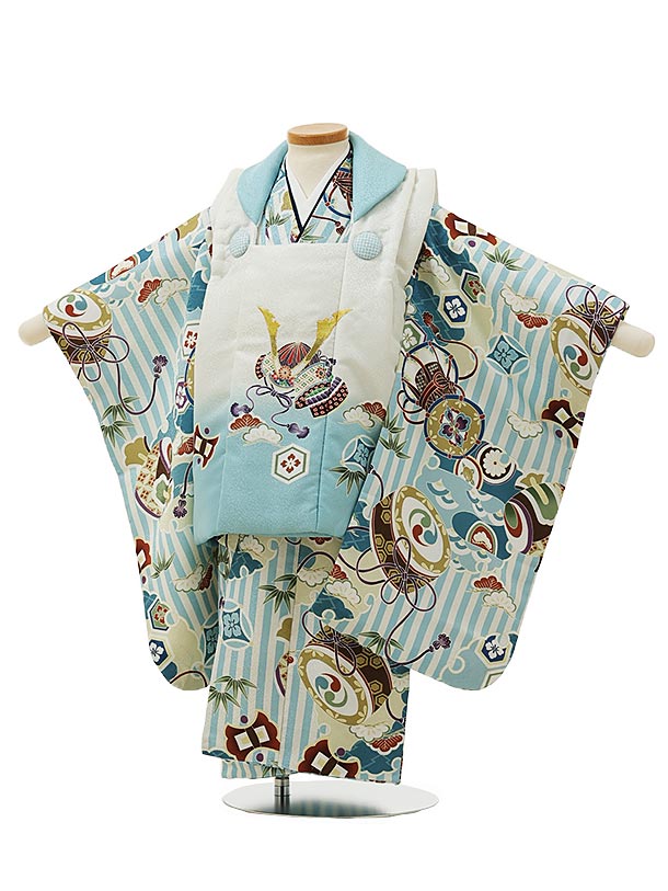 被布 レンタル 男児 七五三 被布 着物 レンタル 七五三 2994 白色ぼかし兜×水色ストライプおもちゃ 3歳男の子 七五三 男児 着物 3歳 子供 きもの ...