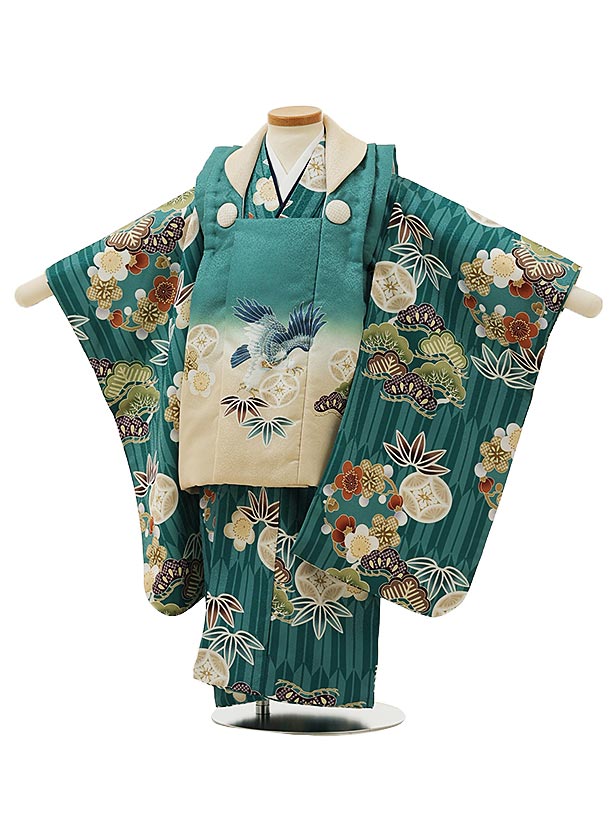 被布 レンタル 男児 七五三 被布 着物 レンタル 七五三 2997 グリーンぼかし鷹×グリーン矢柄松竹梅 3歳男の子 七五三 男児 着物 3歳 子供 きもの ...