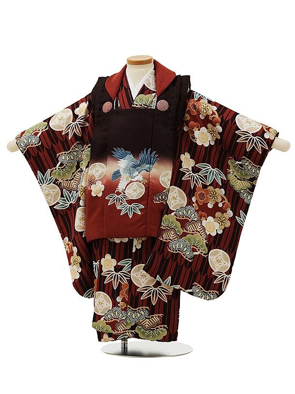 被布 レンタル 男児 七五三 被布 着物 レンタル 七五三 2999 黒茶ぼかし鷹×茶矢柄松竹梅 3歳男の子 七五三 男児 着物 3歳 子供 きもの 被布 セッ...