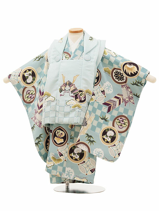 被布 レンタル 男児 七五三 被布 着物 レンタル 七五三 W151水色兜×水色市松丸紋 3歳男の子 七五三 男児 着物 3歳 子供 きもの 被布 セット お正...