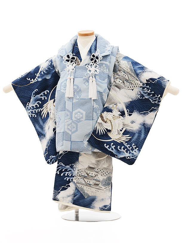 被布 レンタル 男児 七五三 被布 着物 レンタル 七五三 W188 華徒然 水色紺家紋に戦国武将 3歳男の子 七五三 男児 着物 3歳 子供 きもの 被布 セ...