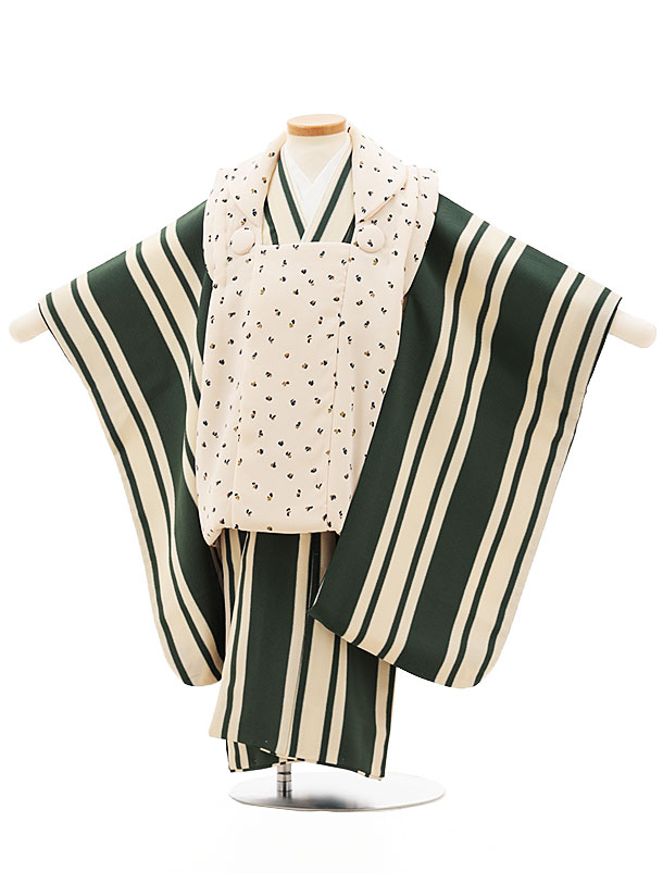 被布 レンタル 男児 七五三 被布 着物 レンタル 七五三 W192 アイボリー×グリーンストライプ 3歳男の子 七五三 男児 着物 3歳 子供 きもの 被布 ...